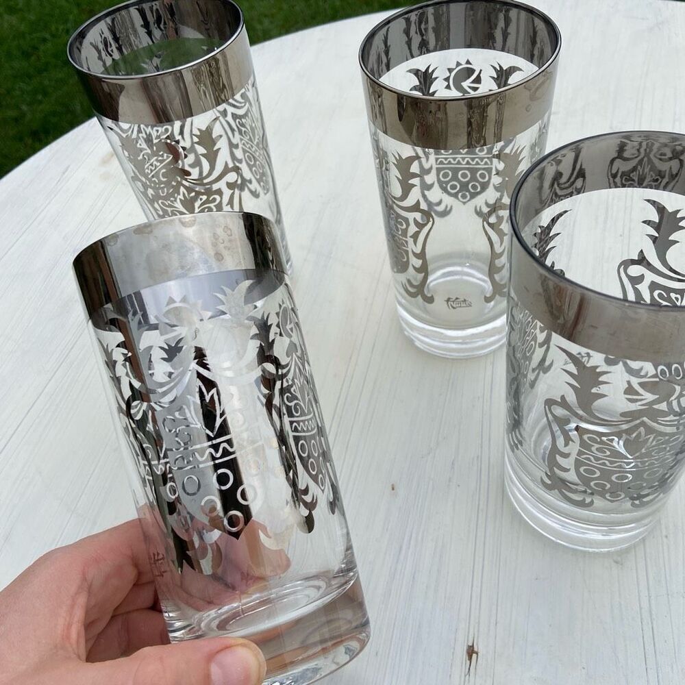 Vintage Kimiko Guardian Shield Crest glass (4) set , Lusterware by Vitreon, vint